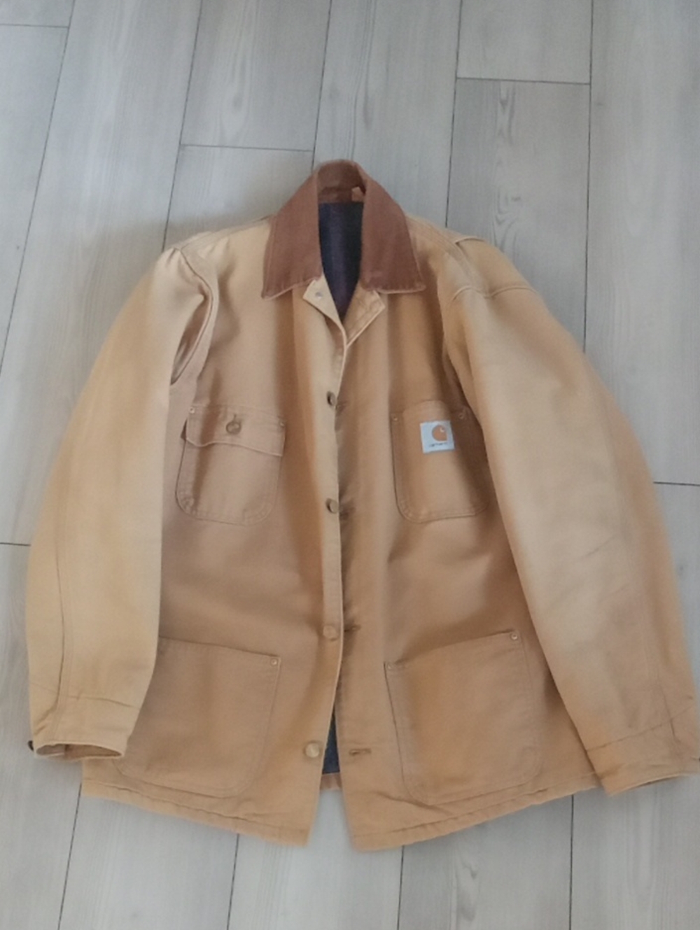 Vintage Carhartt Beige Canvas Chore Jacket, Blanket Lined with Brown Cord Collar